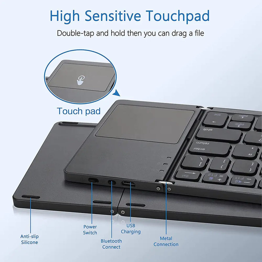 New Portable Mini Three-Folding Bluetooth Keyboard with Wireless Foldable Touchpad Keypad | Rowkoly